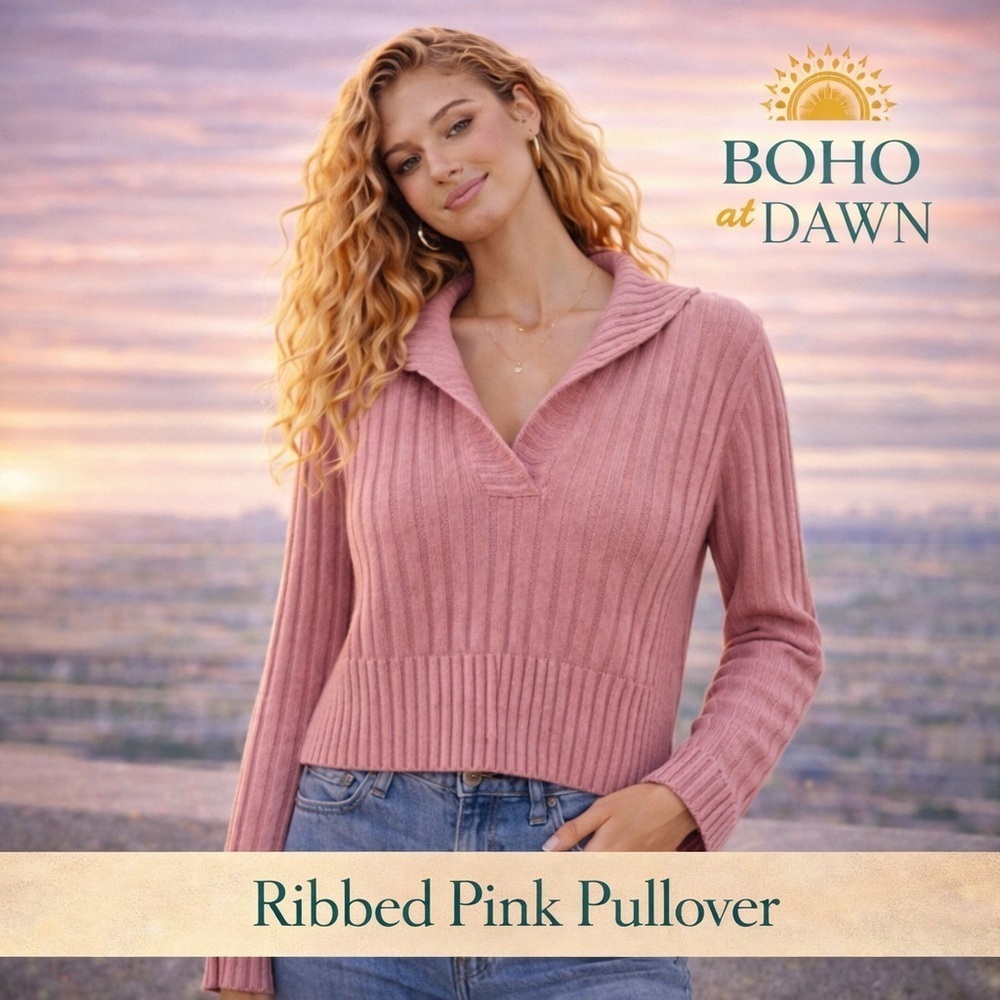NWT XS Hippie Rose Ribbed Collared Sweater – Pink Knit Pullover NWT